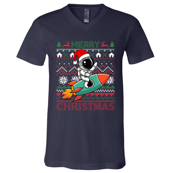 Merry Ugly Christmas Santa Hat Astronaut Riding Rocket Xmas V-Neck T-Shirt