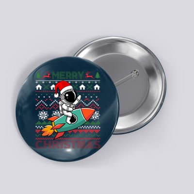 Merry Ugly Christmas Santa Hat Astronaut Riding Rocket Xmas Button