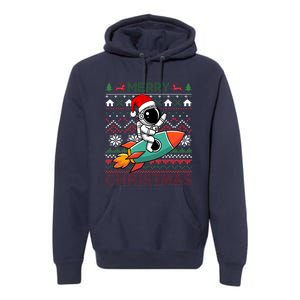 Merry Ugly Christmas Santa Hat Astronaut Riding Rocket Xmas Premium Hoodie