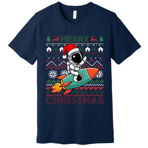 Merry Ugly Christmas Santa Hat Astronaut Riding Rocket Xmas Premium T-Shirt