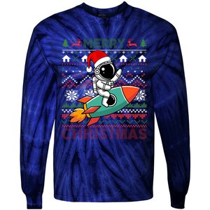 Merry Ugly Christmas Santa Hat Astronaut Riding Rocket Xmas Tie-Dye Long Sleeve Shirt