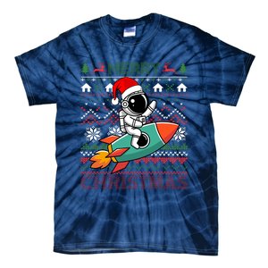 Merry Ugly Christmas Santa Hat Astronaut Riding Rocket Xmas Tie-Dye T-Shirt