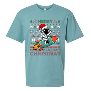 Merry Ugly Christmas Santa Hat Astronaut Riding Rocket Xmas Sueded Cloud Jersey T-Shirt