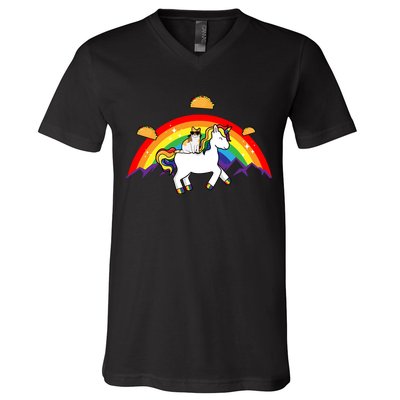 Magical Unicorn Cat Taco Rainbow V-Neck T-Shirt