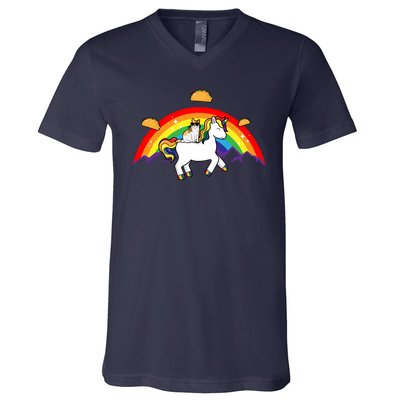 Magical Unicorn Cat Taco Rainbow V-Neck T-Shirt