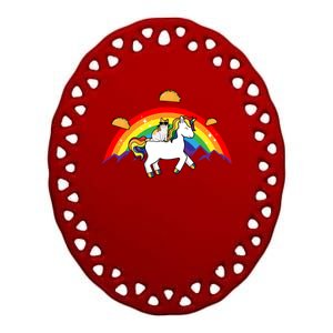 Magical Unicorn Cat Taco Rainbow Ceramic Oval Ornament