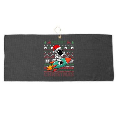 Merry Ugly Christmas Santa Hat Astronaut Riding Rocket Xmas Large Microfiber Waffle Golf Towel