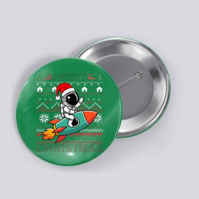 Merry Ugly Christmas Santa Hat Astronaut Riding Rocket Xmas Button