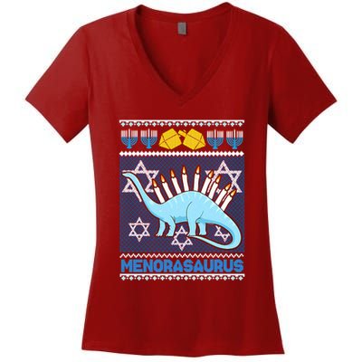 Menorasaurus Ugly Christmas Women's V-Neck T-Shirt