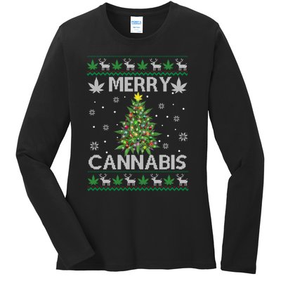 Marijuana Ugly Christmas Santa Cannabis Weed 420 Get Lit Long Sleeve Ladies Long Sleeve Shirt