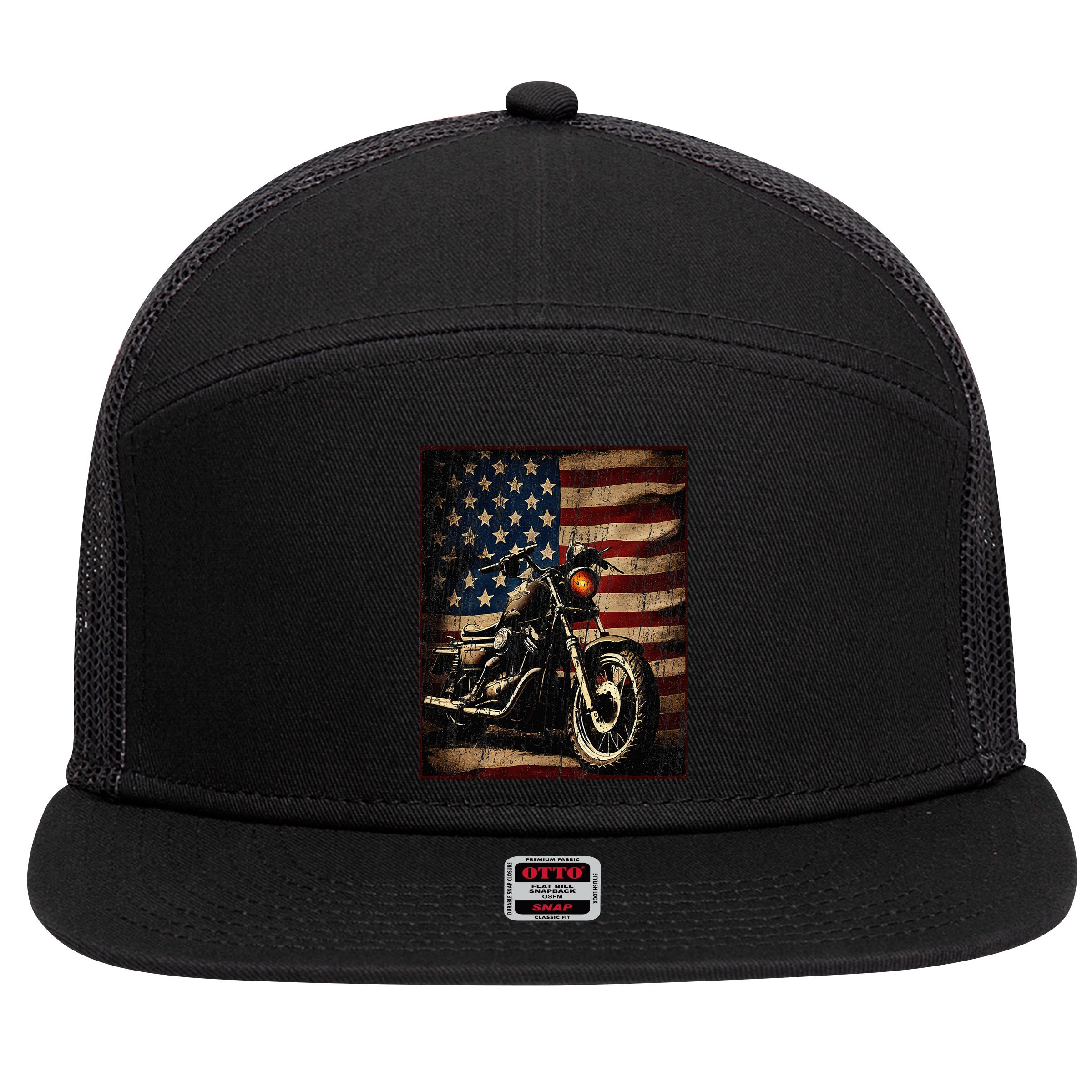 Motorcycle USA Flag Retro Biker 7 Panel Mesh Trucker Snapback Hat
