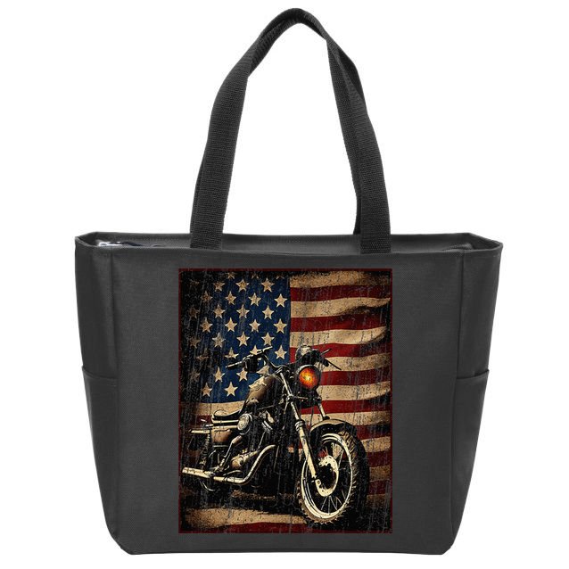 Motorcycle USA Flag Retro Biker Zip Tote Bag