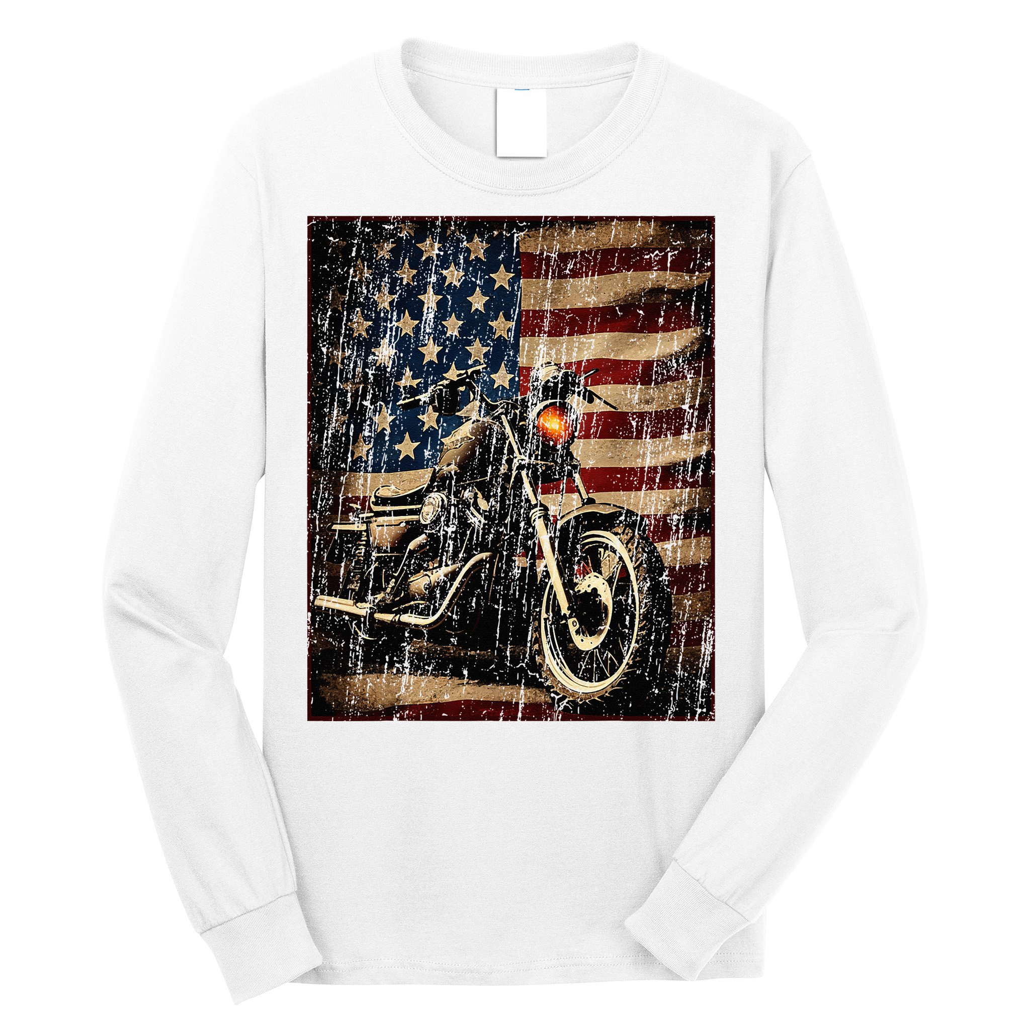 Motorcycle USA Flag Retro Biker Long Sleeve Shirt