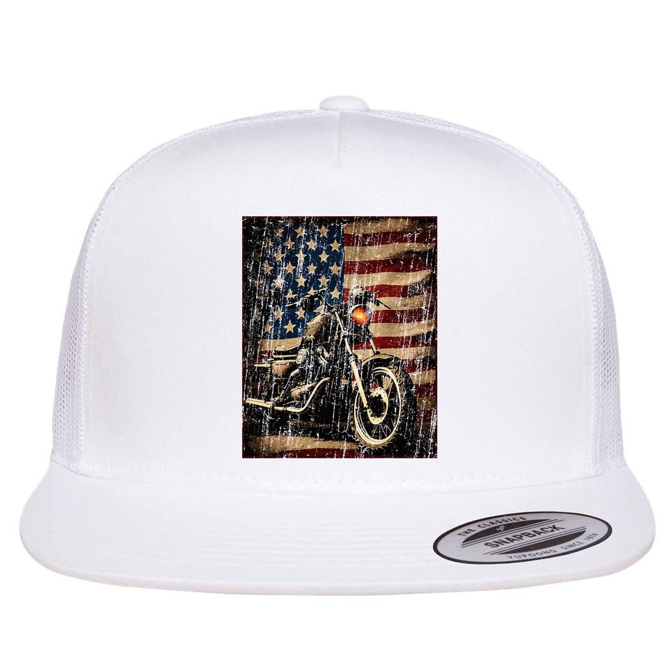 Motorcycle USA Flag Retro Biker Flat Bill Trucker Hat