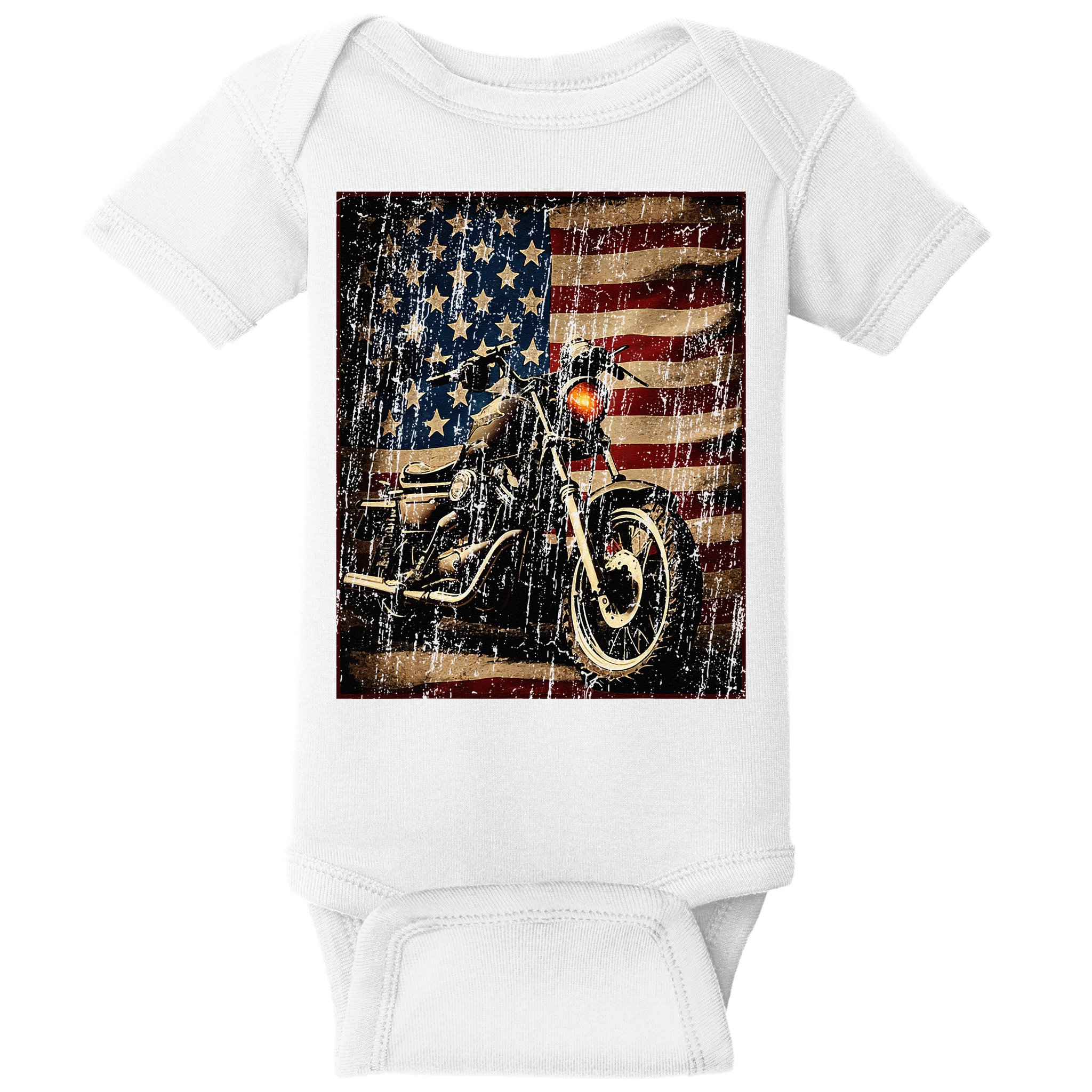 Motorcycle USA Flag Retro Biker Baby Bodysuit