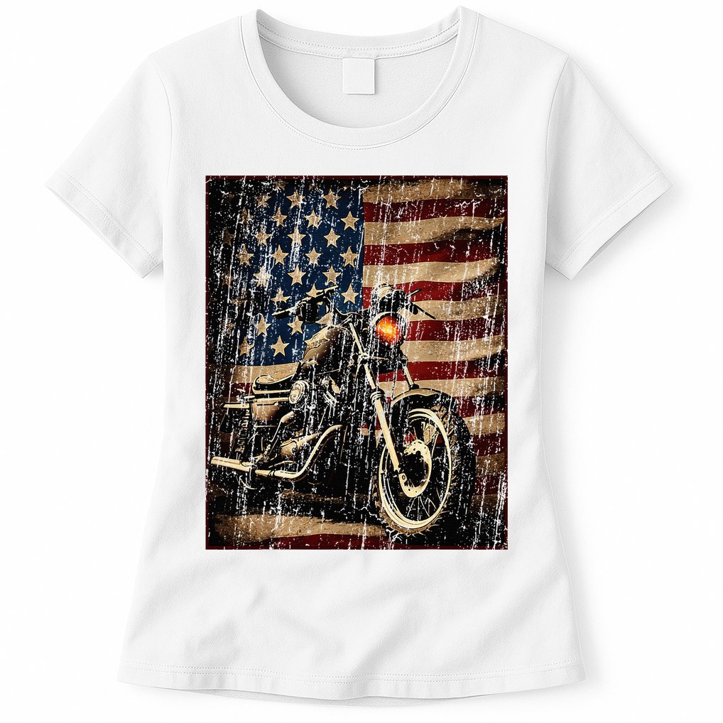 Motorcycle USA Flag Retro Biker Womens T-Shirt