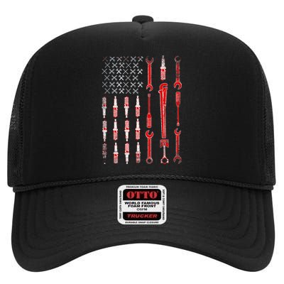 Mechanic USA Flag High Crown Mesh Back Trucker Hat