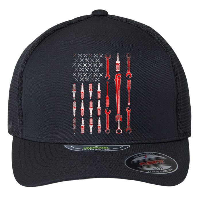 Mechanic USA Flag Flexfit Unipanel Trucker Cap