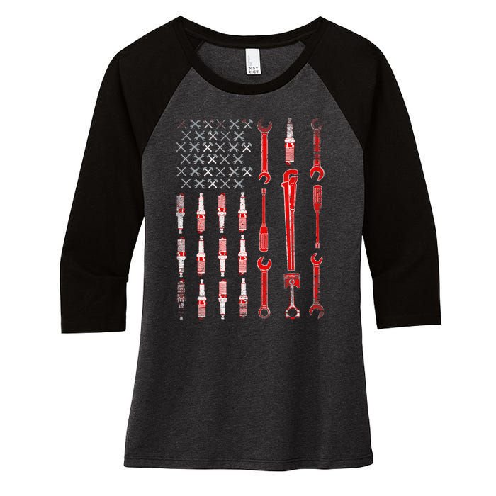 Mechanic USA Flag Women's Tri-Blend 3/4-Sleeve Raglan Shirt