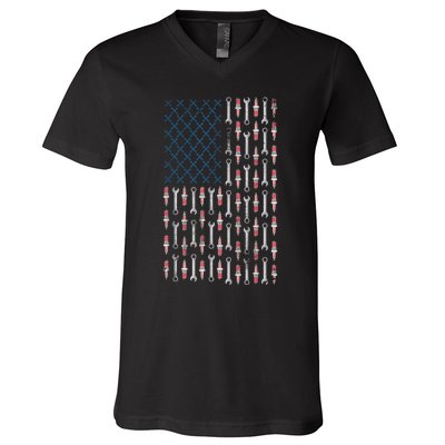 Mechanic USA Flag And Patriotic Mechanic Design V-Neck T-Shirt