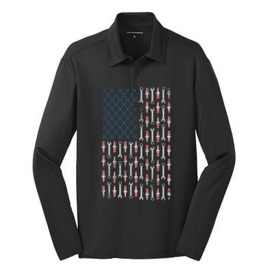 Mechanic USA Flag And Patriotic Mechanic Design Silk Touch Performance Long Sleeve Polo