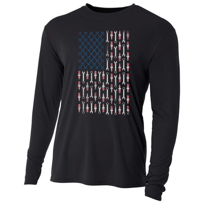 Mechanic USA Flag And Patriotic Mechanic Design Cooling Performance Long Sleeve Crew