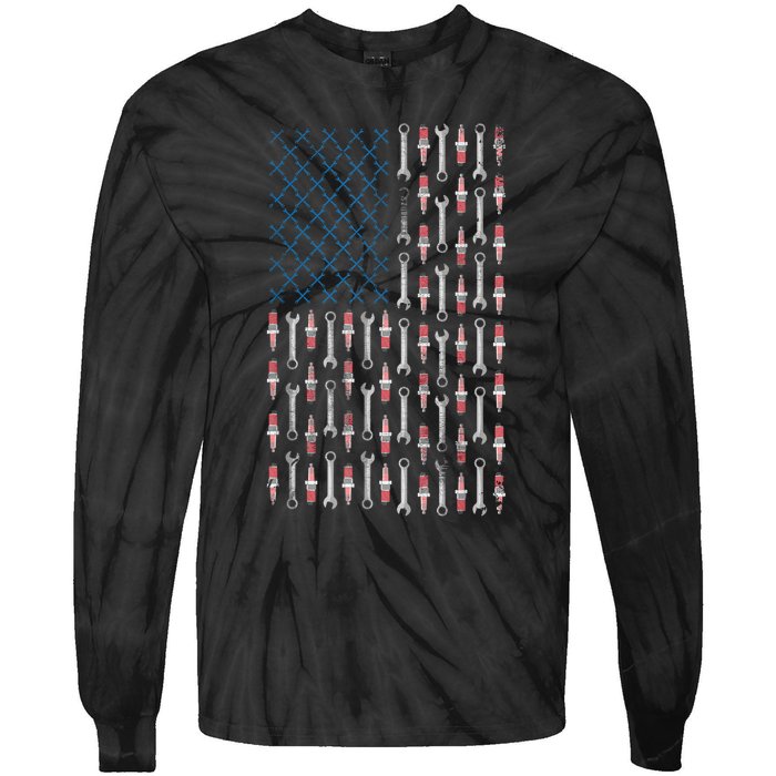 Mechanic USA Flag And Patriotic Mechanic Design Tie-Dye Long Sleeve Shirt