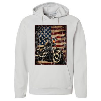 Motorcycle Usa Flag Retro Biker Performance Fleece Hoodie