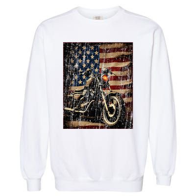 Motorcycle Usa Flag Retro Biker Garment-Dyed Sweatshirt