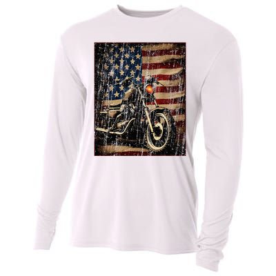 Motorcycle Usa Flag Retro Biker Cooling Performance Long Sleeve Crew