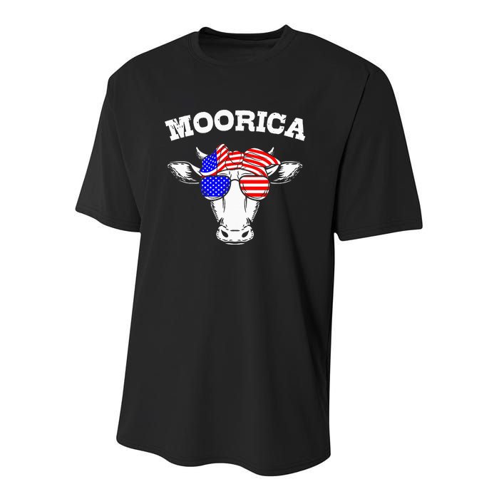 Moorica USA Flag Patriotic Cattle Cow 4th Of July Youth Performance Sprint T-Shirt