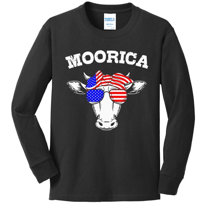 Moorica USA Flag Patriotic Cattle Cow 4th Of July Kids Long Sleeve Shirt