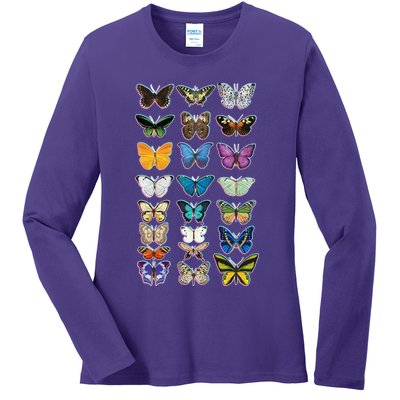 Multi Butterflies Botanical Species Ladies Long Sleeve Shirt