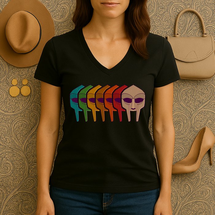 Multi Color MF DOOM Masks Women's V-Neck T-Shirt