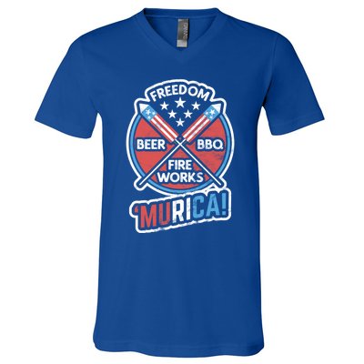 Murica Usa Patriotic 4th Of July Fireworks Bbq Beer Freedom Gift V-Neck T-Shirt