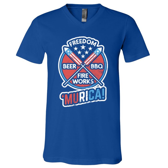 Murica Usa Patriotic 4th Of July Fireworks Bbq Beer Freedom Gift V-Neck T-Shirt