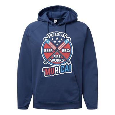 Murica Usa Patriotic 4th Of July Fireworks Bbq Beer Freedom Gift Performance Fleece Hoodie