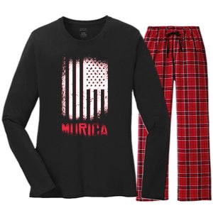 Murica American Flag Patriotic Women's Long Sleeve Flannel Pajama Set 