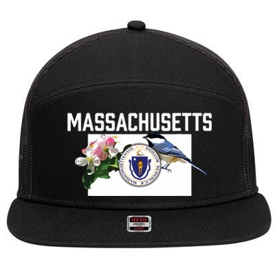 Massachusetts Us State Flag With State Bird Flower 7 Panel Mesh Trucker Snapback Hat