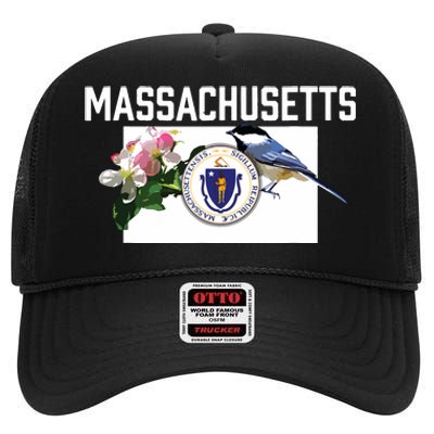 Massachusetts Us State Flag With State Bird Flower High Crown Mesh Back Trucker Hat