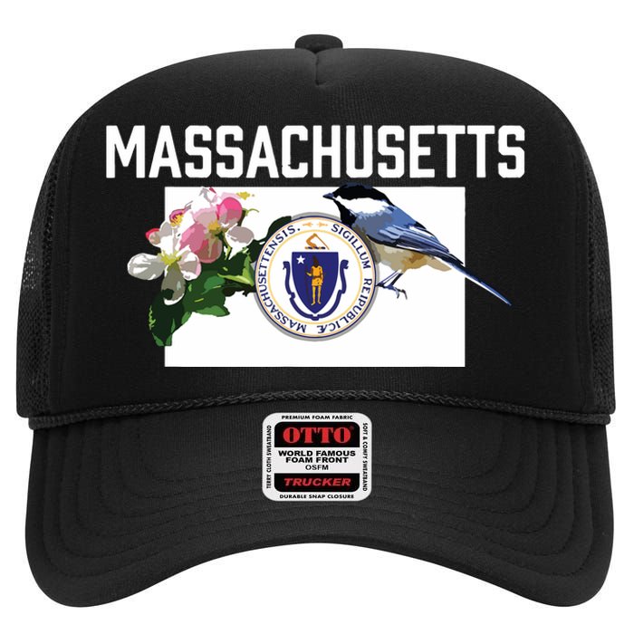 Massachusetts Us State Flag With State Bird Flower High Crown Mesh Back Trucker Hat