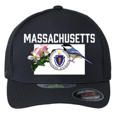 Massachusetts Us State Flag With State Bird Flower Flexfit Unipanel Trucker Cap