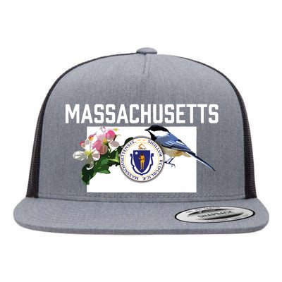 Massachusetts Us State Flag With State Bird Flower Flat Bill Trucker Hat