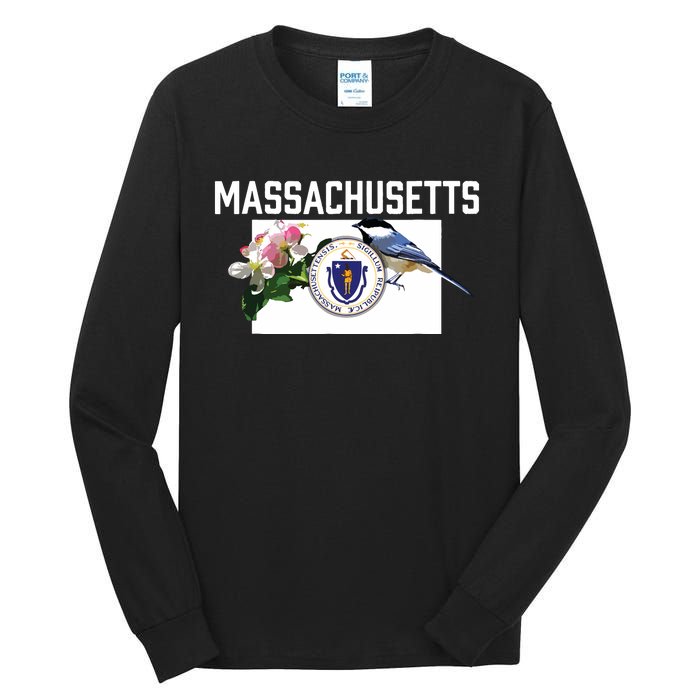 Massachusetts Us State Flag With State Bird Flower Tall Long Sleeve T-Shirt