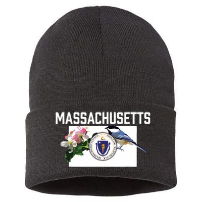 Massachusetts Us State Flag With State Bird Flower Sustainable Knit Beanie