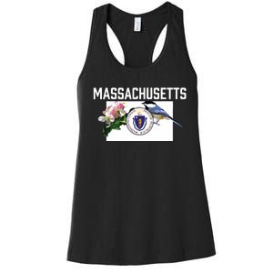 Massachusetts Us State Flag With State Bird Flower Women's Racerback Tank