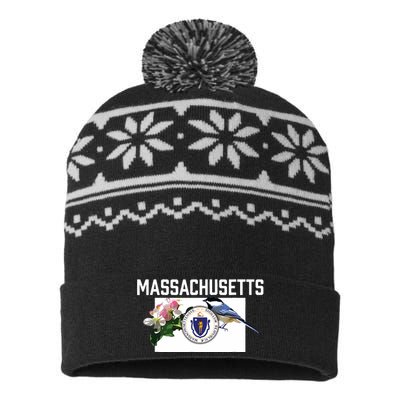 Massachusetts Us State Flag With State Bird Flower USA-Made Snowflake Beanie