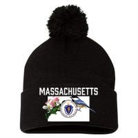 Massachusetts Us State Flag With State Bird Flower Pom Pom 12in Knit Beanie