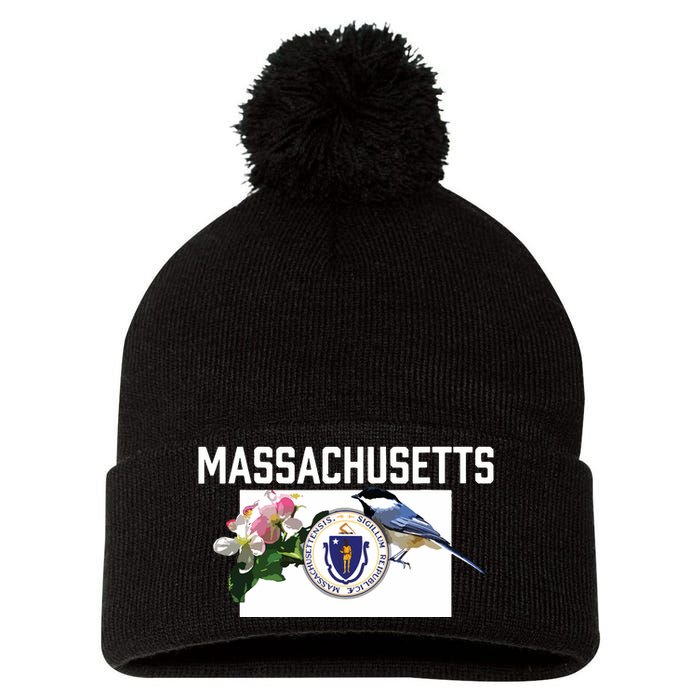 Massachusetts Us State Flag With State Bird Flower Pom Pom 12in Knit Beanie