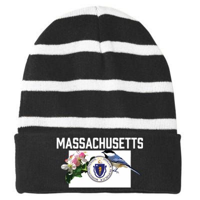 Massachusetts Us State Flag With State Bird Flower Striped Beanie with Solid Band